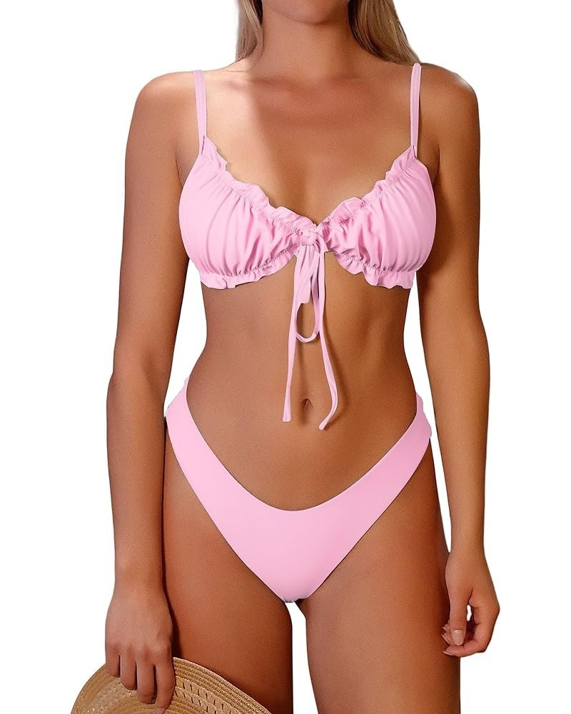 Women's Triangle Bikini Floral Ruffles Bow Tie Up Bikini Set Two Piece Swimsuit B-light Pink $15.96 Swimsuits