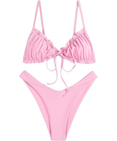 Women's Triangle Bikini Floral Ruffles Bow Tie Up Bikini Set Two Piece Swimsuit B-light Pink $15.96 Swimsuits