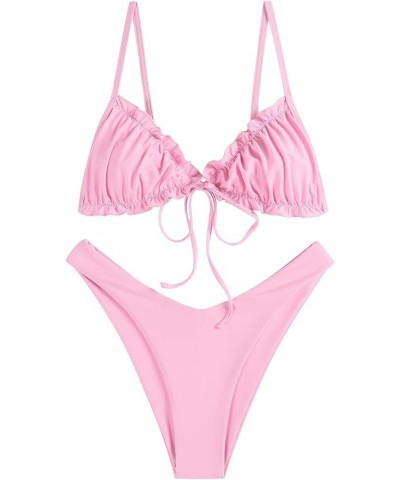 Women's Triangle Bikini Floral Ruffles Bow Tie Up Bikini Set Two Piece Swimsuit B-light Pink $15.96 Swimsuits