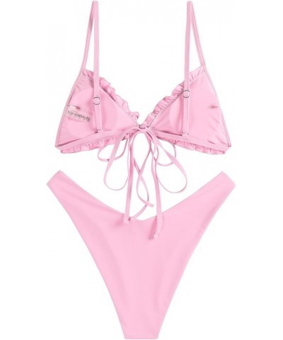 Women's Triangle Bikini Floral Ruffles Bow Tie Up Bikini Set Two Piece Swimsuit B-light Pink $15.96 Swimsuits