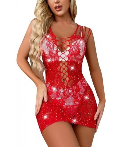 Valentines Day Womens Lingerie for Women Lace Babydoll Chemise Sparkle Rhinestone Fishnet Teddy Dress Bodycon Skirt Red1 $7.7...