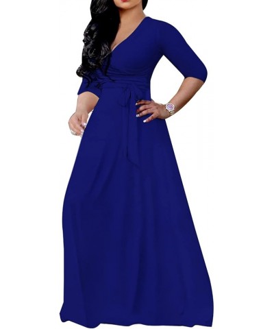 Plus-Size Maxi Dresses for Women African Summer 3/4 Sleeves Beach Sundress with Pockets 8660blue $22.41 Dresses