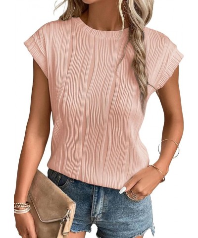 Womens Short Sleeve Textured Tops Crewneck Knit Solid Loose Casual Basic T Shirts Tee Blouses Pink $11.25 T-Shirts