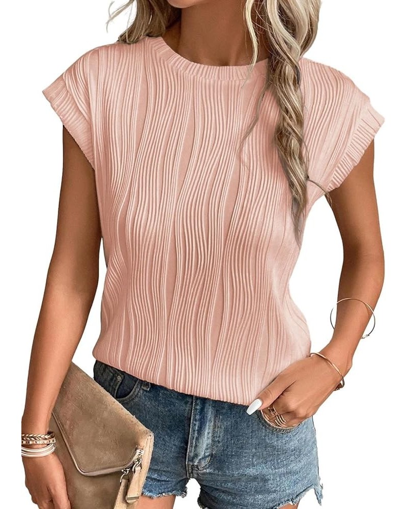 Womens Short Sleeve Textured Tops Crewneck Knit Solid Loose Casual Basic T Shirts Tee Blouses Pink $11.25 T-Shirts