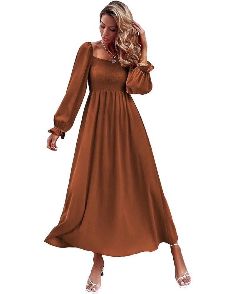 Women's Boho Square Neck Smocked Long Puff Sleeve A Line Maxi Dress Brown $26.88 Dresses