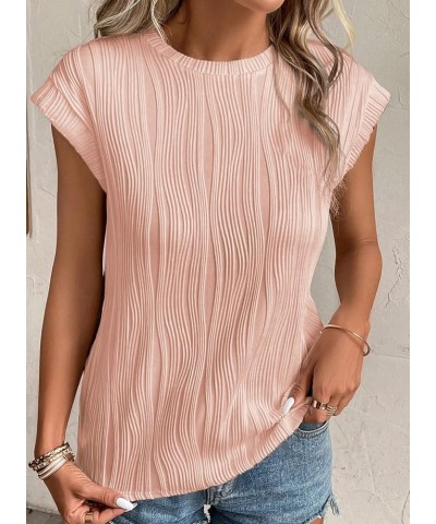 Womens Short Sleeve Textured Tops Crewneck Knit Solid Loose Casual Basic T Shirts Tee Blouses Pink $11.25 T-Shirts