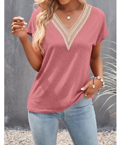 Women's Casual Cap Sleeve Lace Trim V Neck Tops 2024 Summer Loose Tee Shirts Blous Pink $10.99 Tops