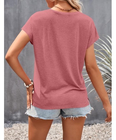 Women's Casual Cap Sleeve Lace Trim V Neck Tops 2024 Summer Loose Tee Shirts Blous Pink $10.99 Tops