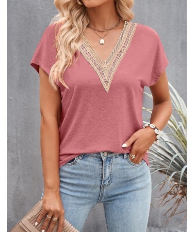 Women's Casual Cap Sleeve Lace Trim V Neck Tops 2024 Summer Loose Tee Shirts Blous Pink $10.99 Tops