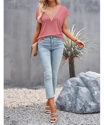 Women's Casual Cap Sleeve Lace Trim V Neck Tops 2024 Summer Loose Tee Shirts Blous Pink $10.99 Tops