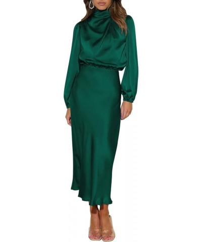 Women's Elegant Long Sleeve Satin Dress Mock Neck Elastic Waist Cocktail Party Wedding Guest Midi Dresses Blackish Green $20....