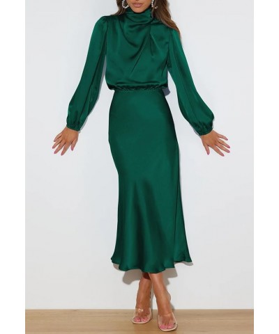 Women's Elegant Long Sleeve Satin Dress Mock Neck Elastic Waist Cocktail Party Wedding Guest Midi Dresses Blackish Green $20....