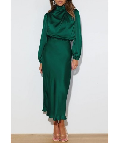 Women's Elegant Long Sleeve Satin Dress Mock Neck Elastic Waist Cocktail Party Wedding Guest Midi Dresses Blackish Green $20....