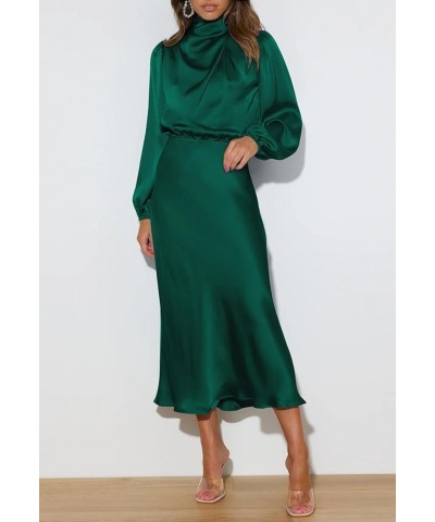 Women's Elegant Long Sleeve Satin Dress Mock Neck Elastic Waist Cocktail Party Wedding Guest Midi Dresses Blackish Green $20....