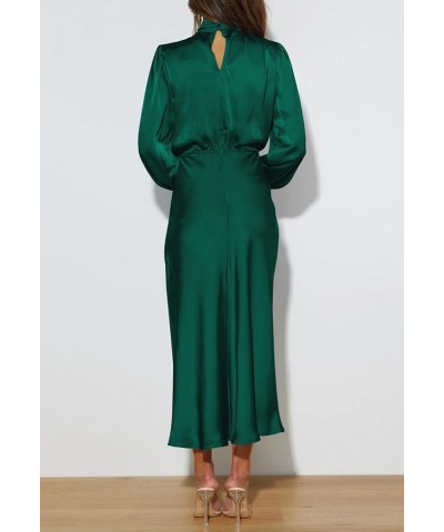 Women's Elegant Long Sleeve Satin Dress Mock Neck Elastic Waist Cocktail Party Wedding Guest Midi Dresses Blackish Green $20....