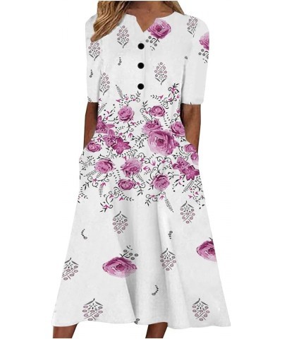 Womens Button V Neck High Waist Trendy Floral A-Line Dresses Summer Short Sleeve Casaul Midi Dress with Pockets Pink 06 $9.02...