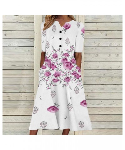 Womens Button V Neck High Waist Trendy Floral A-Line Dresses Summer Short Sleeve Casaul Midi Dress with Pockets Pink 06 $9.02...