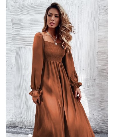 Women's Boho Square Neck Smocked Long Puff Sleeve A Line Maxi Dress Brown $26.88 Dresses