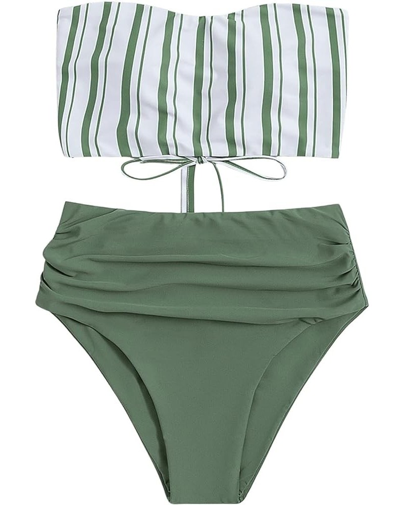 Women's Bathing Suits Striped Bandeau Bikini high Waisted Swimsuits Swimwear Set Army Green $19.37 Swimsuits