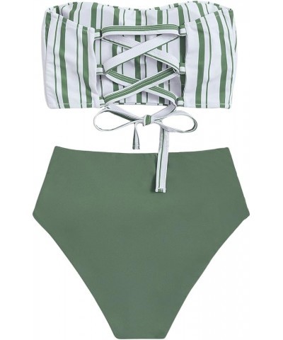 Women's Bathing Suits Striped Bandeau Bikini high Waisted Swimsuits Swimwear Set Army Green $19.37 Swimsuits