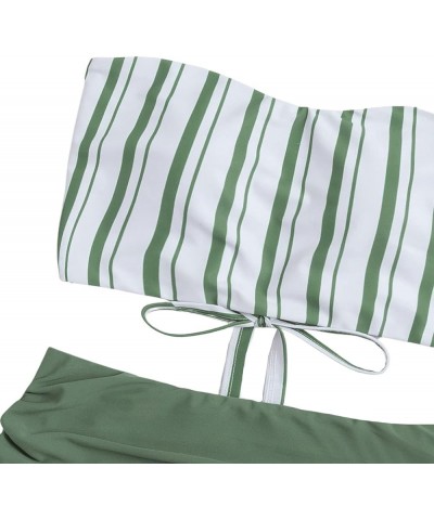 Women's Bathing Suits Striped Bandeau Bikini high Waisted Swimsuits Swimwear Set Army Green $19.37 Swimsuits