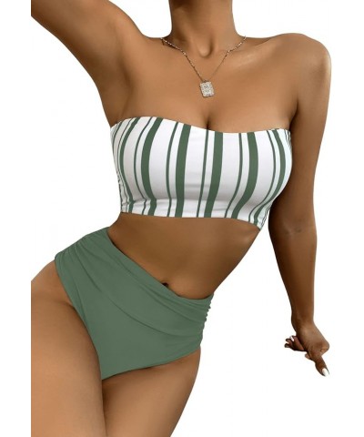 Women's Bathing Suits Striped Bandeau Bikini high Waisted Swimsuits Swimwear Set Army Green $19.37 Swimsuits