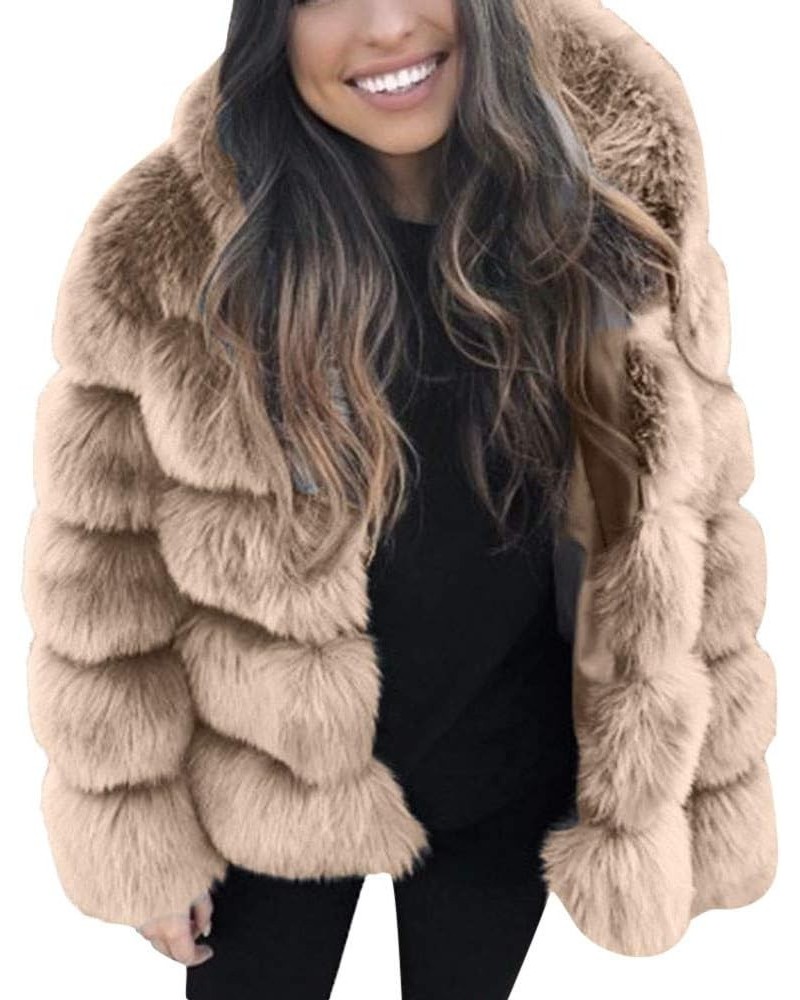 F_Gotal Women Faux Fox Fur Coat Fashion Winter Fur Coat Jacket Luxury Long Sleeve Collar Thick Coat Overcoat Warm Winter Khak...