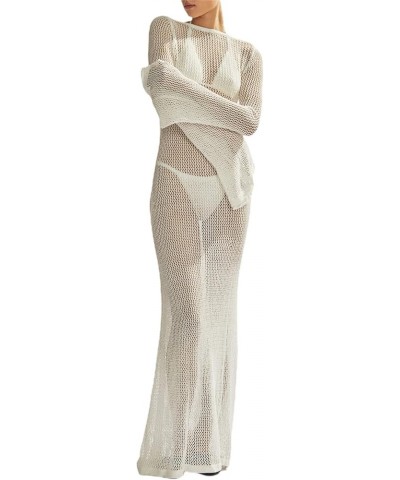 Women Y2k See Though Cover Up Dress Sheer Mesh Long Dress Knitted Swimwear Bikini Coverups Maxi Dress Beachwear D-white $12.0...