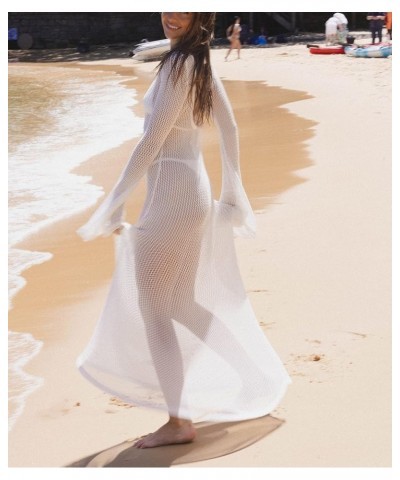 Women Y2k See Though Cover Up Dress Sheer Mesh Long Dress Knitted Swimwear Bikini Coverups Maxi Dress Beachwear D-white $12.0...