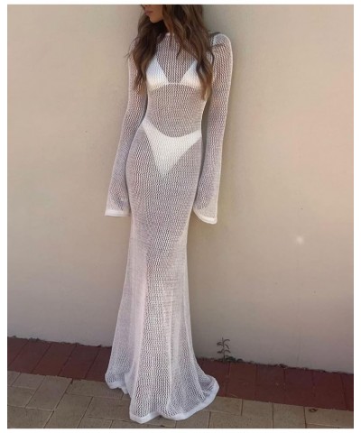 Women Y2k See Though Cover Up Dress Sheer Mesh Long Dress Knitted Swimwear Bikini Coverups Maxi Dress Beachwear D-white $12.0...