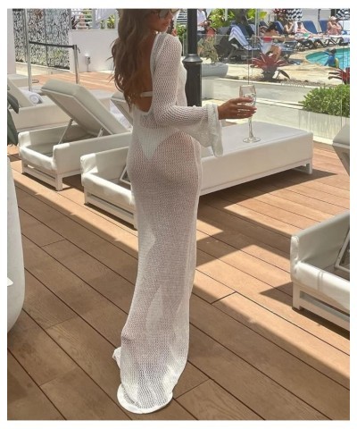 Women Y2k See Though Cover Up Dress Sheer Mesh Long Dress Knitted Swimwear Bikini Coverups Maxi Dress Beachwear D-white $12.0...