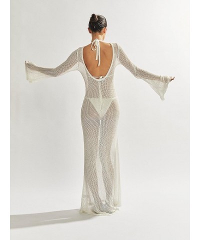 Women Y2k See Though Cover Up Dress Sheer Mesh Long Dress Knitted Swimwear Bikini Coverups Maxi Dress Beachwear D-white $12.0...