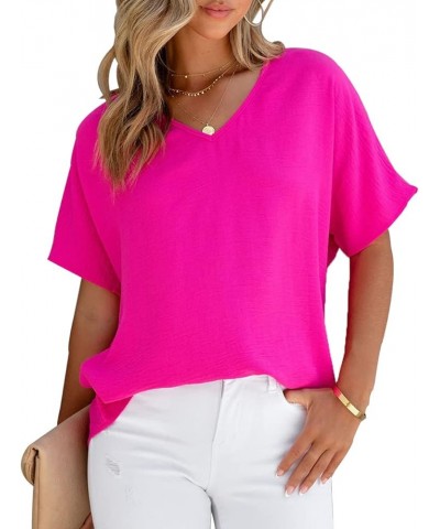 Women Summer Casual V Neck Textured Blouses Loose Short Sleeve Tops Fuchsia $12.95 Blouses