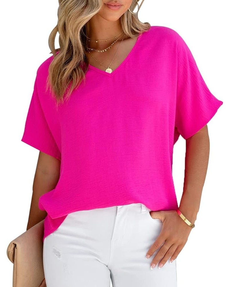 Women Summer Casual V Neck Textured Blouses Loose Short Sleeve Tops Fuchsia $12.95 Blouses