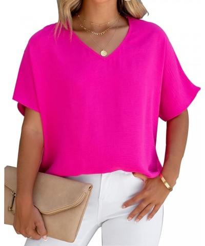 Women Summer Casual V Neck Textured Blouses Loose Short Sleeve Tops Fuchsia $12.95 Blouses