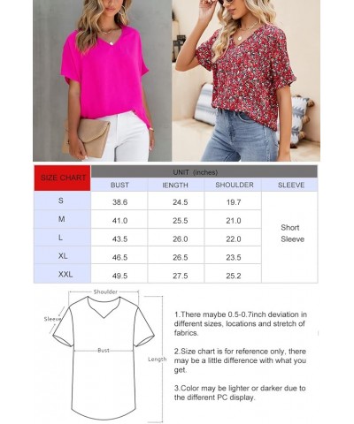 Women Summer Casual V Neck Textured Blouses Loose Short Sleeve Tops Fuchsia $12.95 Blouses