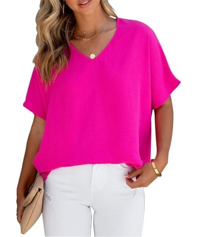 Women Summer Casual V Neck Textured Blouses Loose Short Sleeve Tops Fuchsia $12.95 Blouses