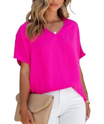 Women Summer Casual V Neck Textured Blouses Loose Short Sleeve Tops Fuchsia $12.95 Blouses