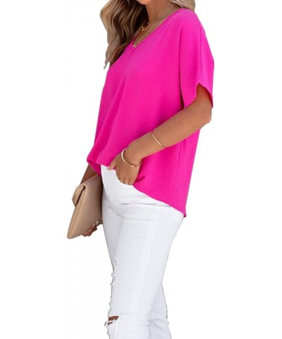 Women Summer Casual V Neck Textured Blouses Loose Short Sleeve Tops Fuchsia $12.95 Blouses