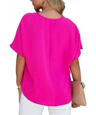 Women Summer Casual V Neck Textured Blouses Loose Short Sleeve Tops Fuchsia $12.95 Blouses