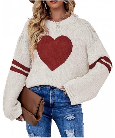 Women's Valentine Heart Sweater Crew Neck Striped Sleeves Casual Loose Knit Pullover 1_apricot $17.85 Sweaters