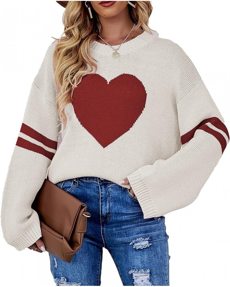 Women's Valentine Heart Sweater Crew Neck Striped Sleeves Casual Loose Knit Pullover 1_apricot $17.85 Sweaters