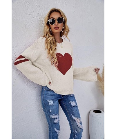 Women's Valentine Heart Sweater Crew Neck Striped Sleeves Casual Loose Knit Pullover 1_apricot $17.85 Sweaters