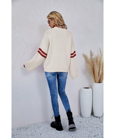 Women's Valentine Heart Sweater Crew Neck Striped Sleeves Casual Loose Knit Pullover 1_apricot $17.85 Sweaters