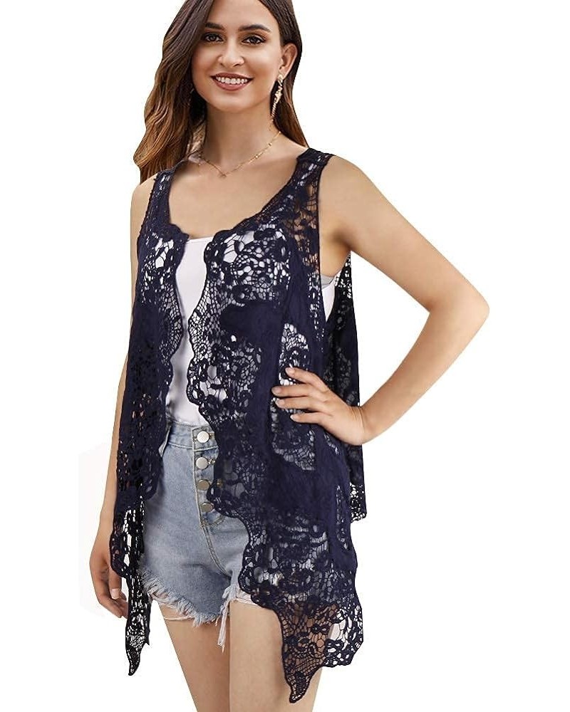 Women's Bolero Shrugs Boho Crochet Lace Open Stitch Cardigan Vest Dark Blue $13.45 Sweaters