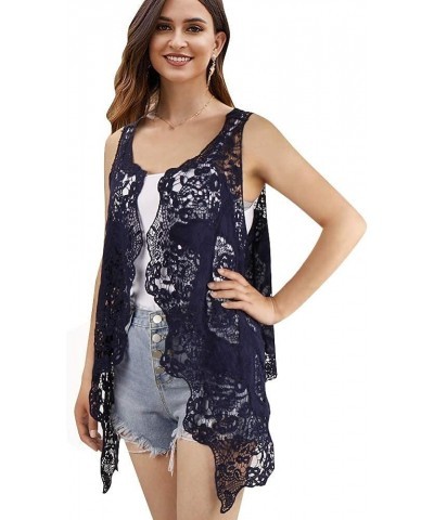 Women's Bolero Shrugs Boho Crochet Lace Open Stitch Cardigan Vest Dark Blue $13.45 Sweaters