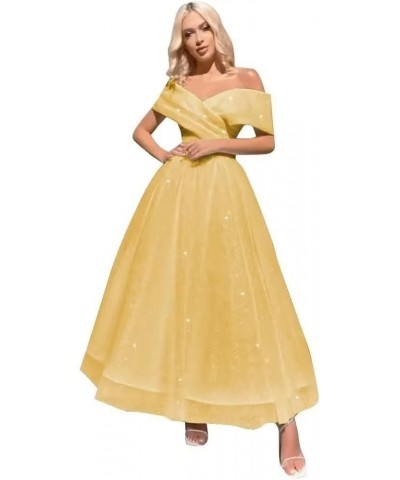 Tulle Prom Dresses for Teens Off Shoulder Tea Length Formal Dresses A Line Sparkly Ruched Ball Gown Gold $42.92 Dresses