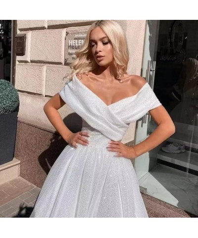 Tulle Prom Dresses for Teens Off Shoulder Tea Length Formal Dresses A Line Sparkly Ruched Ball Gown Gold $42.92 Dresses