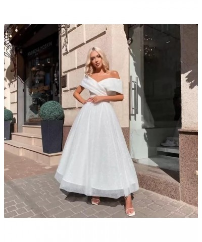 Tulle Prom Dresses for Teens Off Shoulder Tea Length Formal Dresses A Line Sparkly Ruched Ball Gown Gold $42.92 Dresses