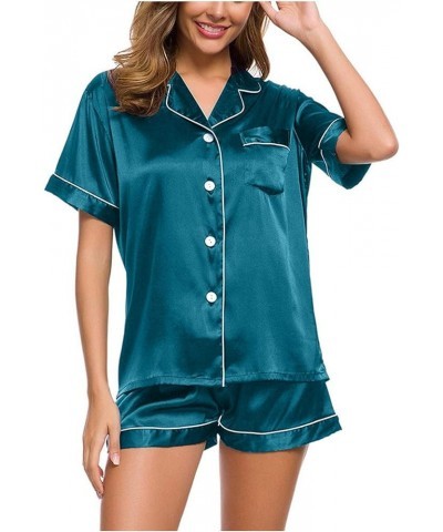 Silk Satin Pajamas Set for Women Two Piece Pj Sets Button-Down Christmas Pajamas Soft Comfy Loungewear Sleepwear A03-blue $4....